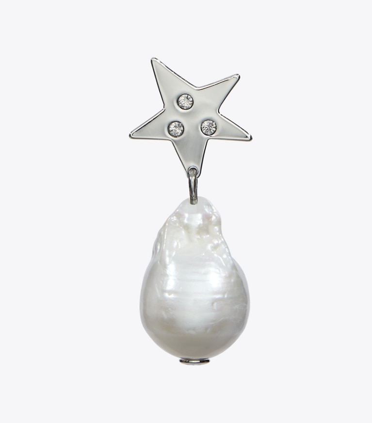Tory Burch designer earrings Star Pearl Drop Earrings in Tory Silver / Pearl / Crystal front