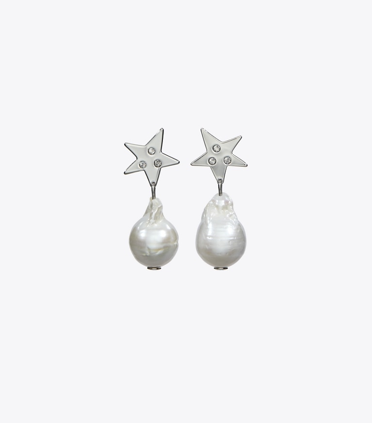 Tory Burch designer earrings Star Pearl Drop Earrings in Tory Silver / Pearl / Crystal front