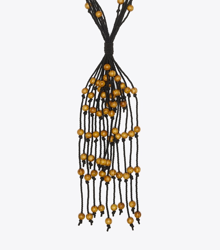 Tory Burch designer necklaces Statement Macrame Necklace in Rolled Brass / Black front