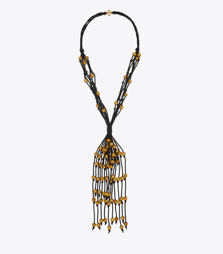 Tory Burch designer necklaces Statement Macrame Necklace in Rolled Brass / Black front