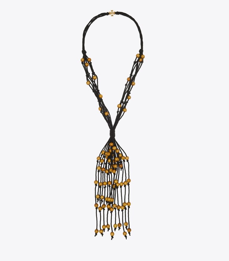 Tory Burch designer necklaces Statement Macrame Necklace in Rolled Brass / Black front