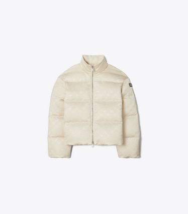 Tory Burch designer mäntel Steppjacke aus Satin mit T-Monogramm in Prosecco front