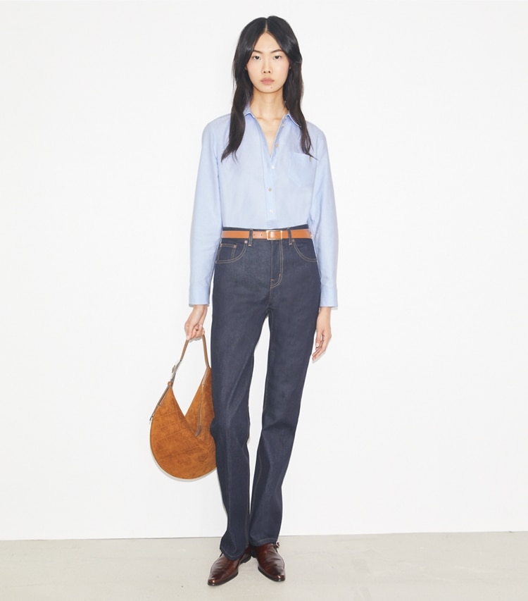 Tory Burch designer bottoms Straight-Leg Denim Jean in Raw/Unwashed on model front