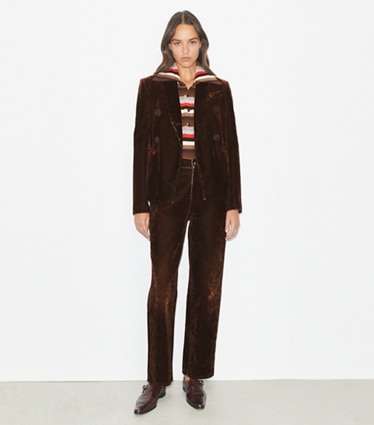 Tory Burch designer bottoms Straight-Leg Jean in Jasper Brown on model front