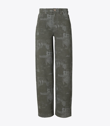 Tory Burch designer bottoms Straight Leg Printed Jean in Gray Forest front