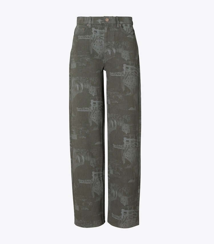 Tory Burch designer bottoms Straight Leg Printed Jean in Gray Forest front