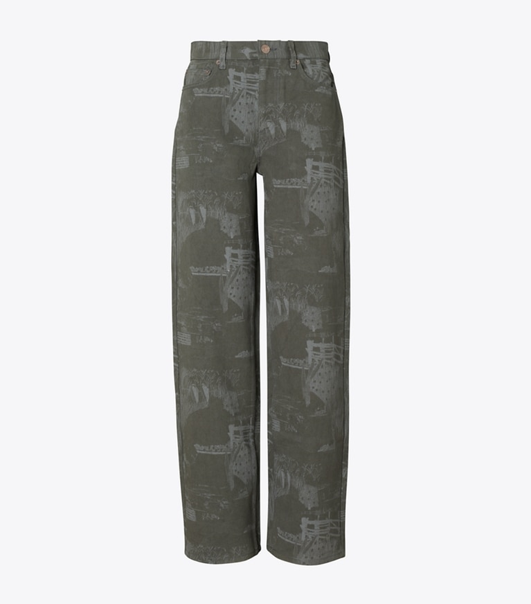 Tory Burch designer bottoms Straight Leg Printed Jean in Gray Forest front