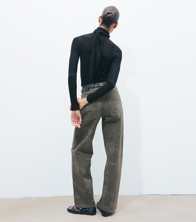 Tory Burch designer bottoms Straight Leg Printed Jean in Gray Forest on model back