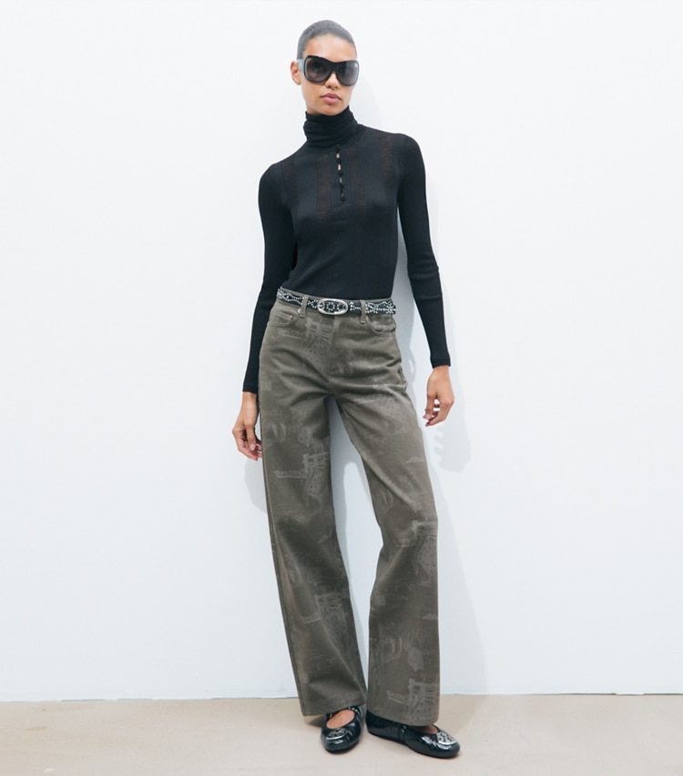 Tory Burch designer bottoms Straight Leg Printed Jean in Gray Forest on model front