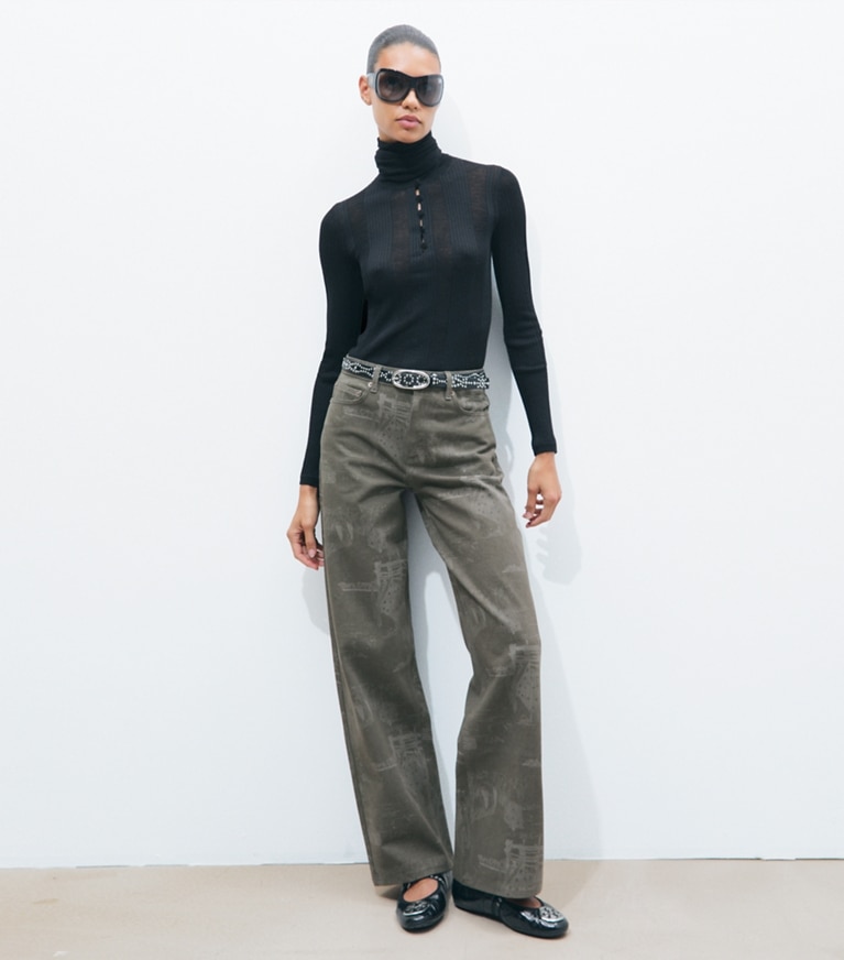 Tory Burch designer bottoms Straight Leg Printed Jean in Gray Forest on model front