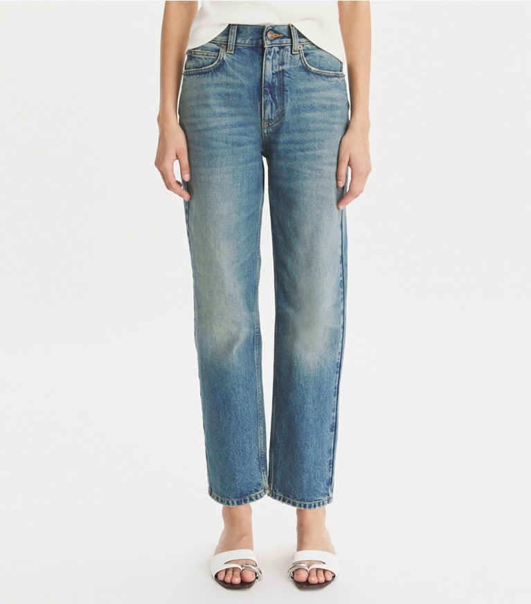 Tory Burch designer bottoms Straight Wide-Leg Jean in Classic Vintage Blue Wash front