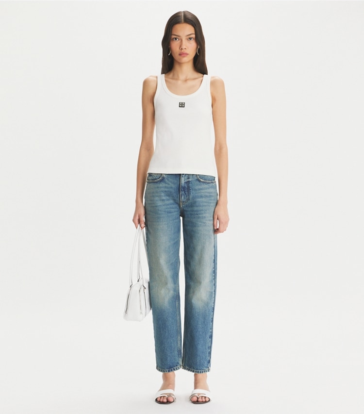 Tory Burch designer bottoms Straight Wide-Leg Jean in Classic Vintage Blue Wash on model front