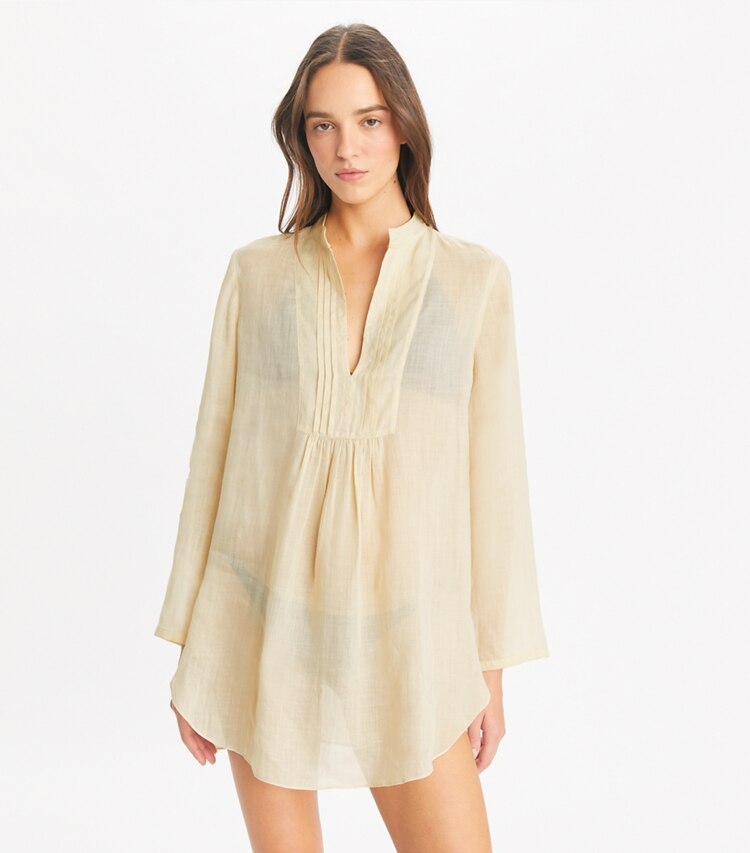Tory Burch designer strandmode Strandhemd aus Ramie in Birch on model detail