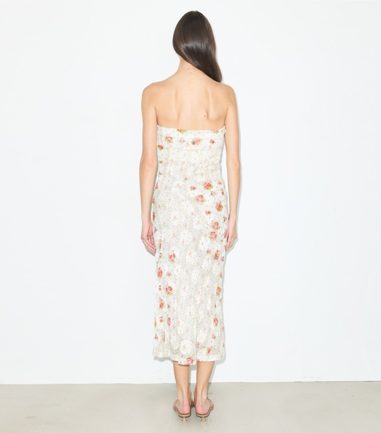 Tory Burch designer dresses Strapless Cotton Jacquard Dress in Multi Floral on model back
