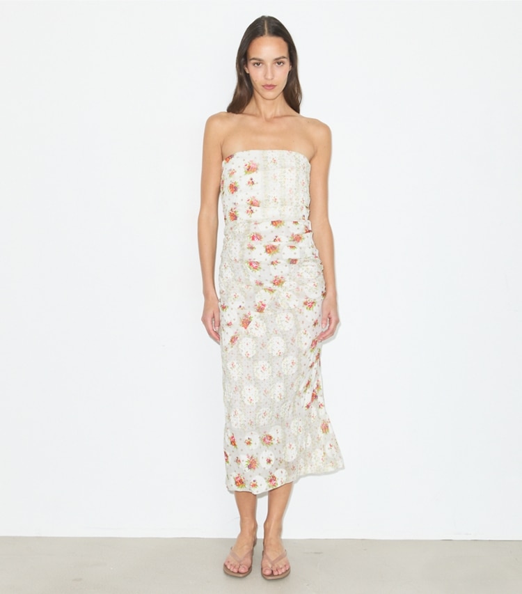 Tory Burch designer dresses Strapless Cotton Jacquard Dress in Multi Floral on model front