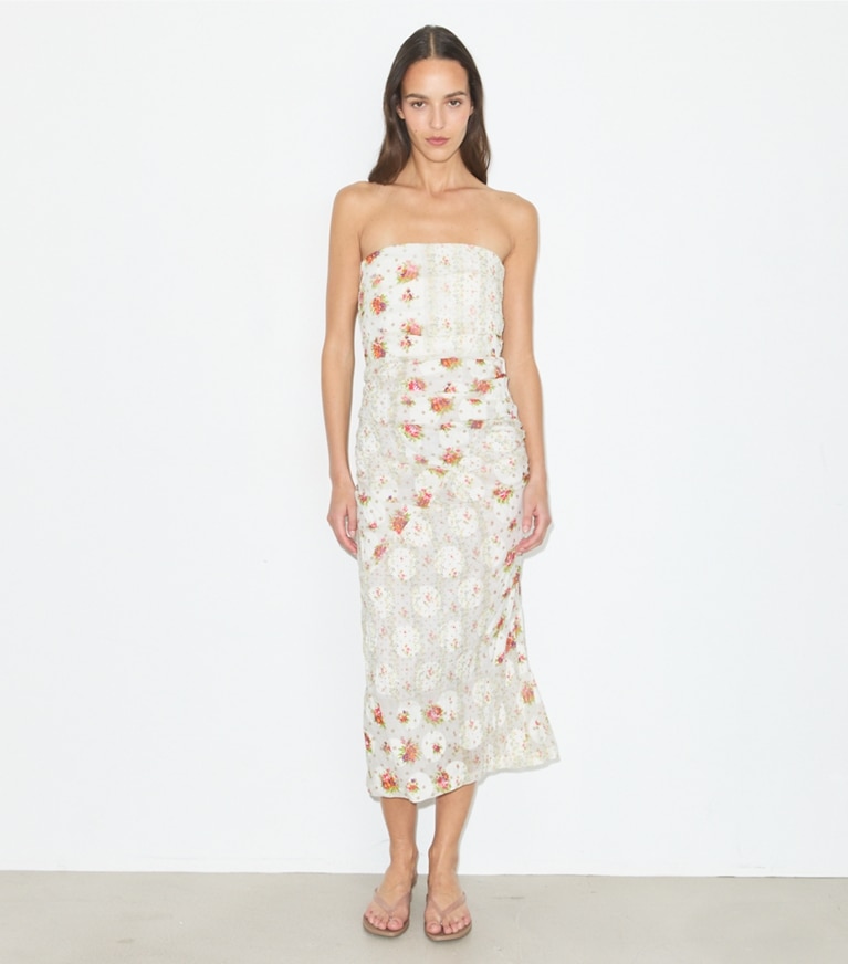 Tory Burch designer dresses Strapless Cotton Jacquard Dress in Multi Floral on model front