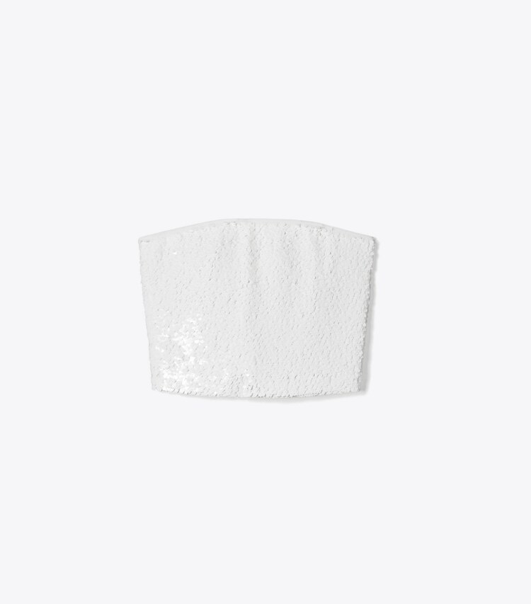 Tory Burch designer tops Strapless Sequins Mesh Top in White front