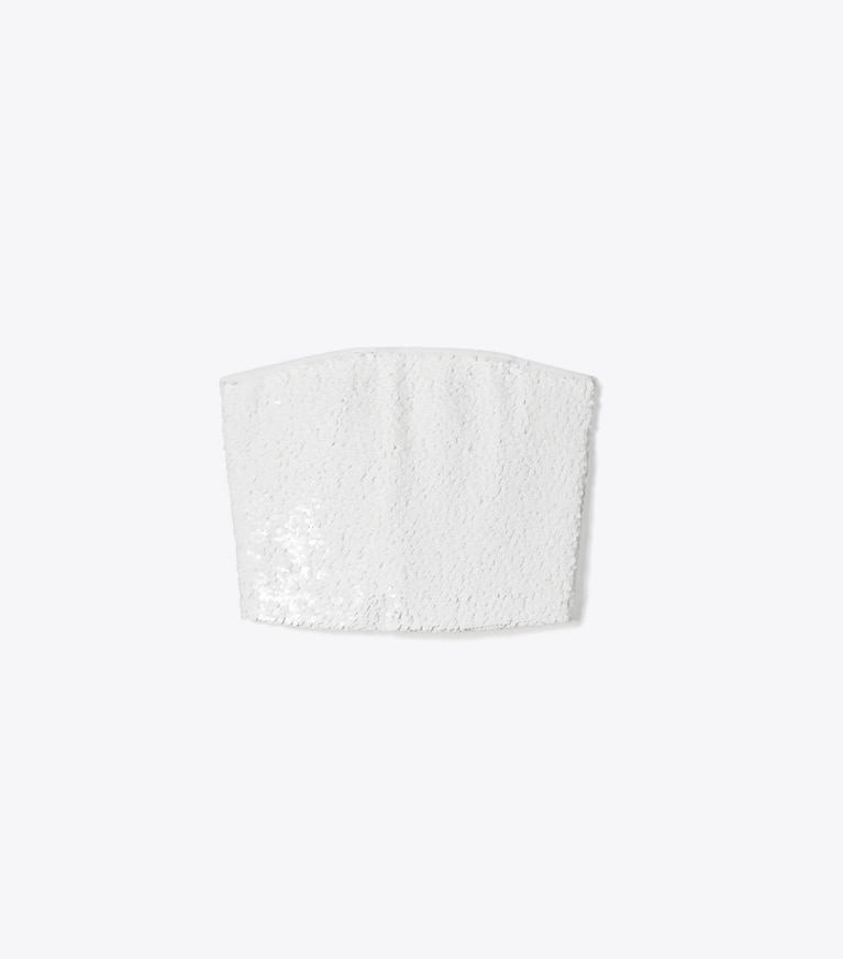 Tory Burch designer tops Strapless Sequins Mesh Top in White front