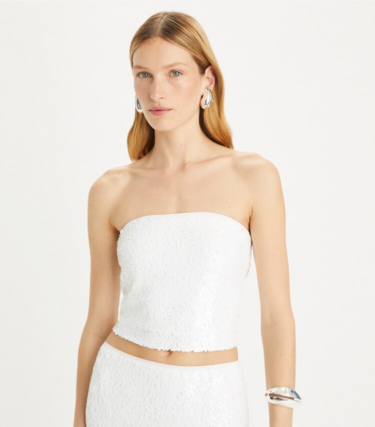 Tory Burch designer tops Strapless Sequins Mesh Top in White on model detail