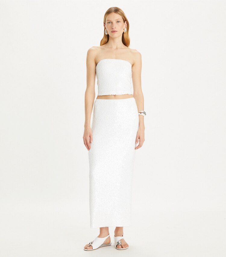 Tory Burch designer tops Strapless Sequins Mesh Top in White on model front