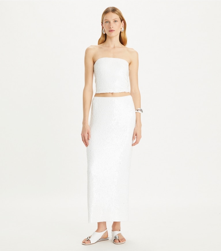 Tory Burch designer tops Strapless Sequins Mesh Top in White front