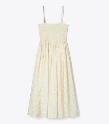 Tory Burch designer dresses Strapless Smocked Silk Dress in Beige Scatter Daisy front