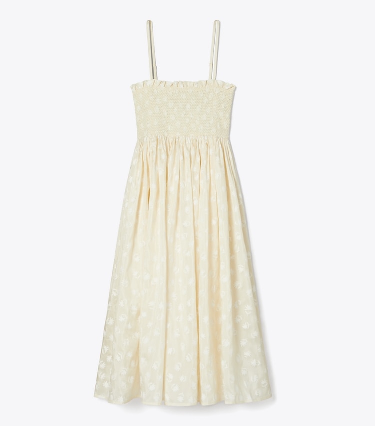 Tory Burch designer coverups Strapless Smocked Silk Dress in Beige Scatter Daisy front