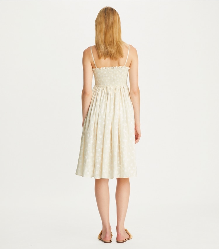 Tory Burch designer coverups Strapless Smocked Silk Dress in Beige Scatter Daisy on model back