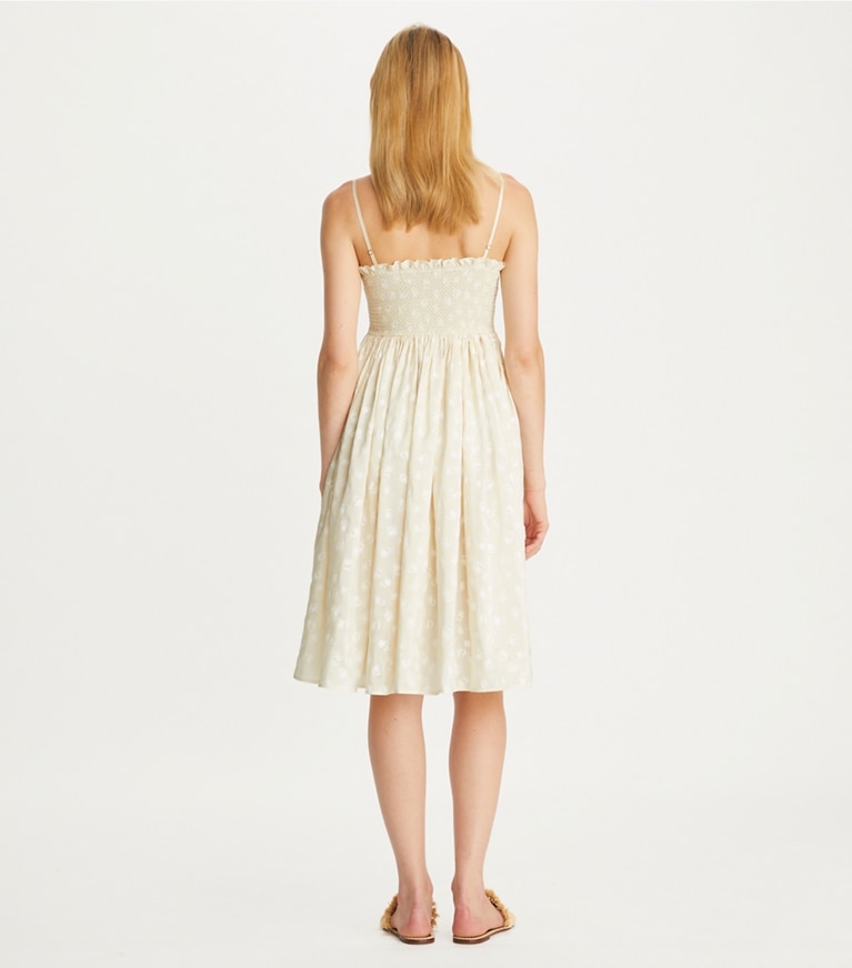 Tory Burch designer coverups Strapless Smocked Silk Dress in Beige Scatter Daisy front