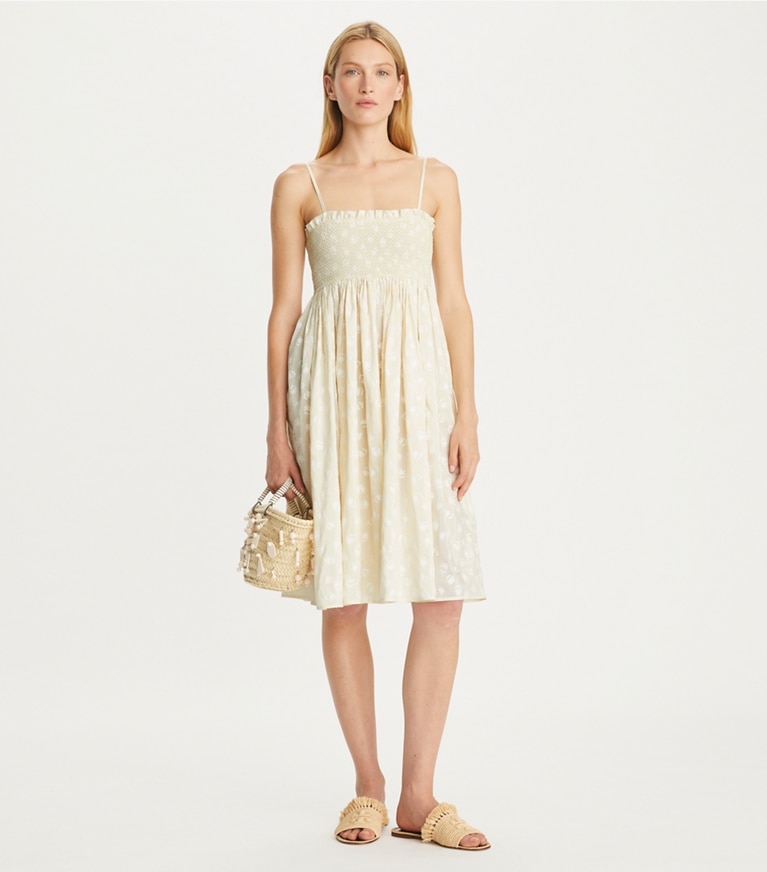 Tory Burch designer coverups Strapless Smocked Silk Dress in Beige Scatter Daisy front