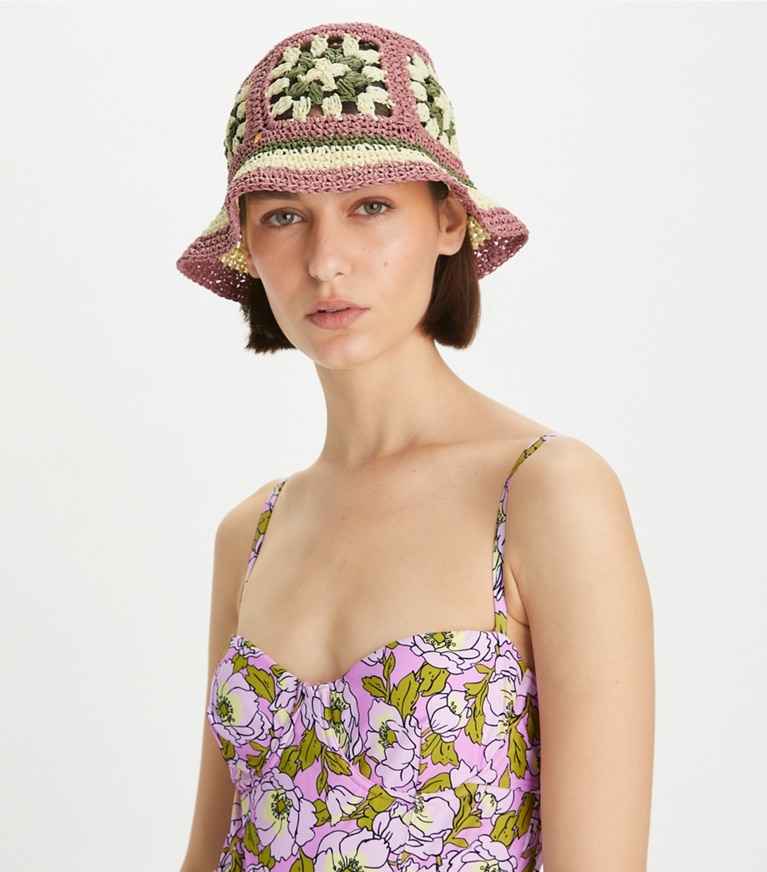 Straw Crochet Short-Brim Bucket Hat: Women's Designer Hats