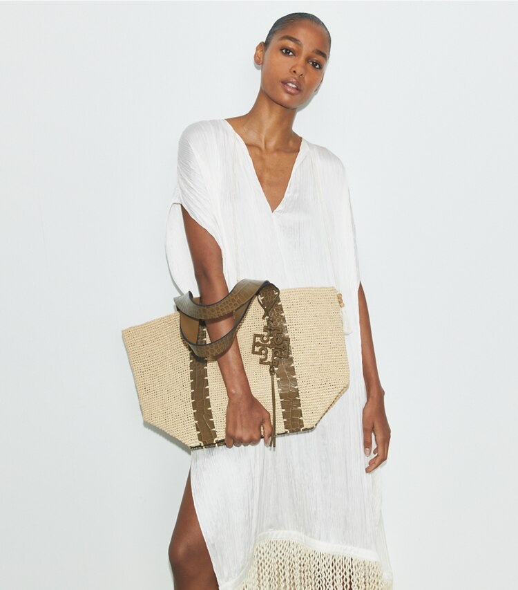 Tory Burch designer tote bags Straw Tote in Natural / Wild Olive accessory on model
