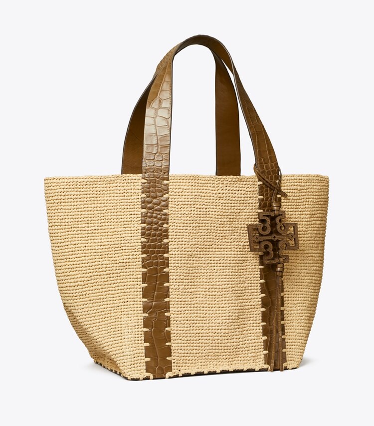 Tory Burch designer tote bags Straw Tote in Natural / Wild Olive angle