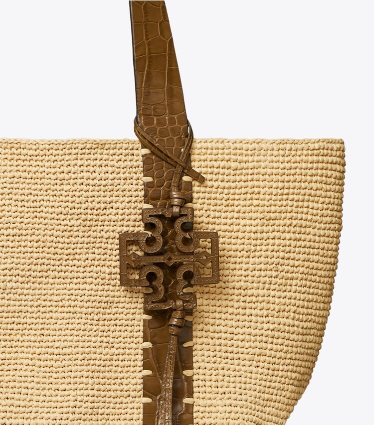 Tory Burch designer tote bags Straw Tote in Natural / Wild Olive detail