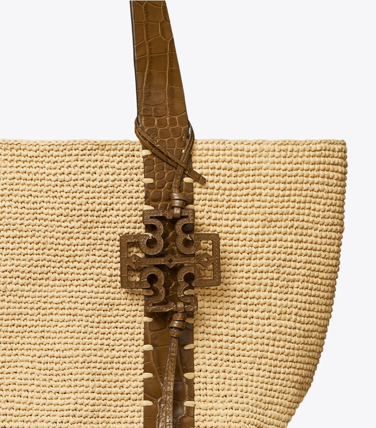 Tory Burch designer tote bags Straw Tote in Natural / Wild Olive angle