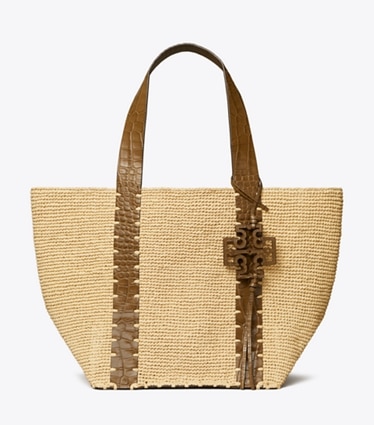 Tory Burch designer トートバッグ ストロー トートバッグ in Natural / Wild Olive front
