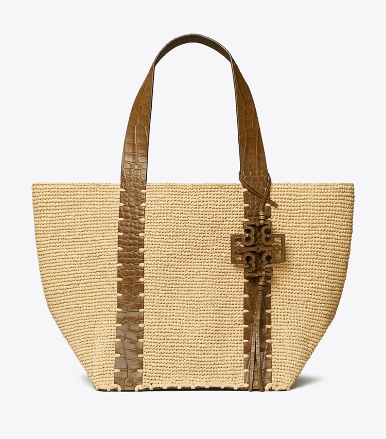 Tory Burch designer tote bags Straw Tote in Natural / Wild Olive front