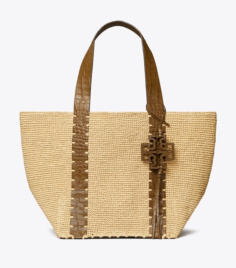 Tory Burch designer tote bags Straw Tote in Natural / Wild Olive angle