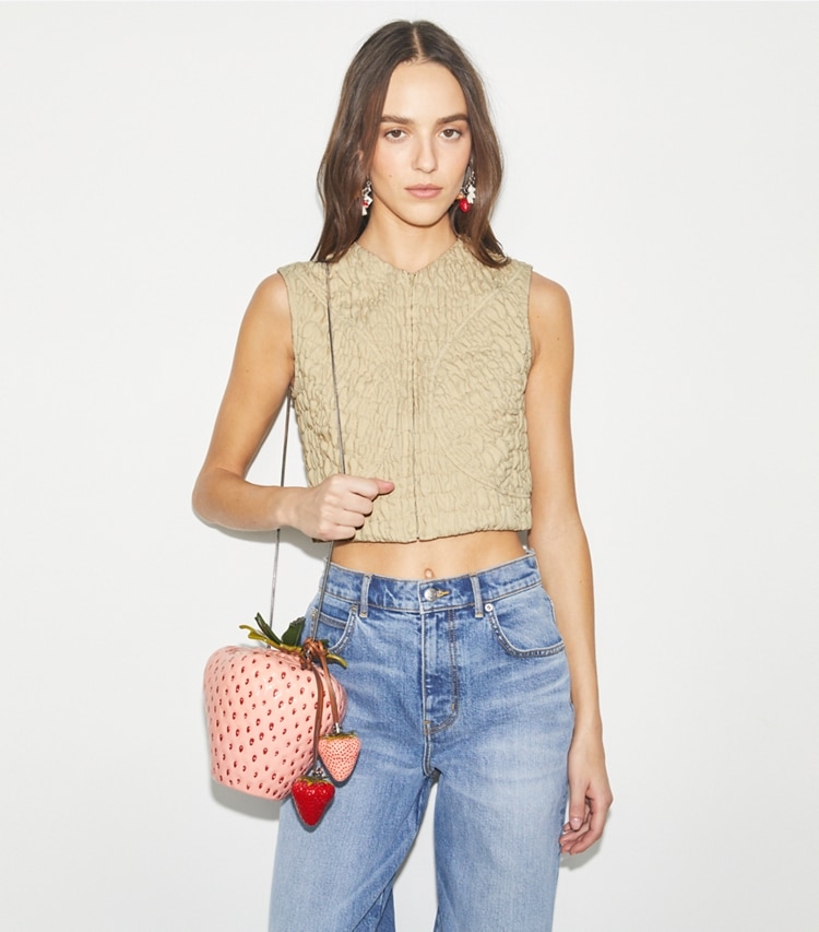 Tory Burch designer crossbody bags Strawberry Mini Bag in Sweet Pink accessory on model