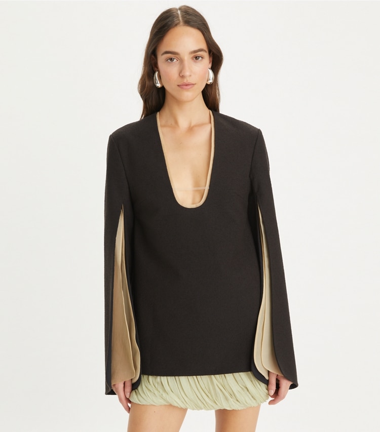 Tory Burch designer tops Stretch Cotton Crepe Tunic in Chocolate Molasses on model detail