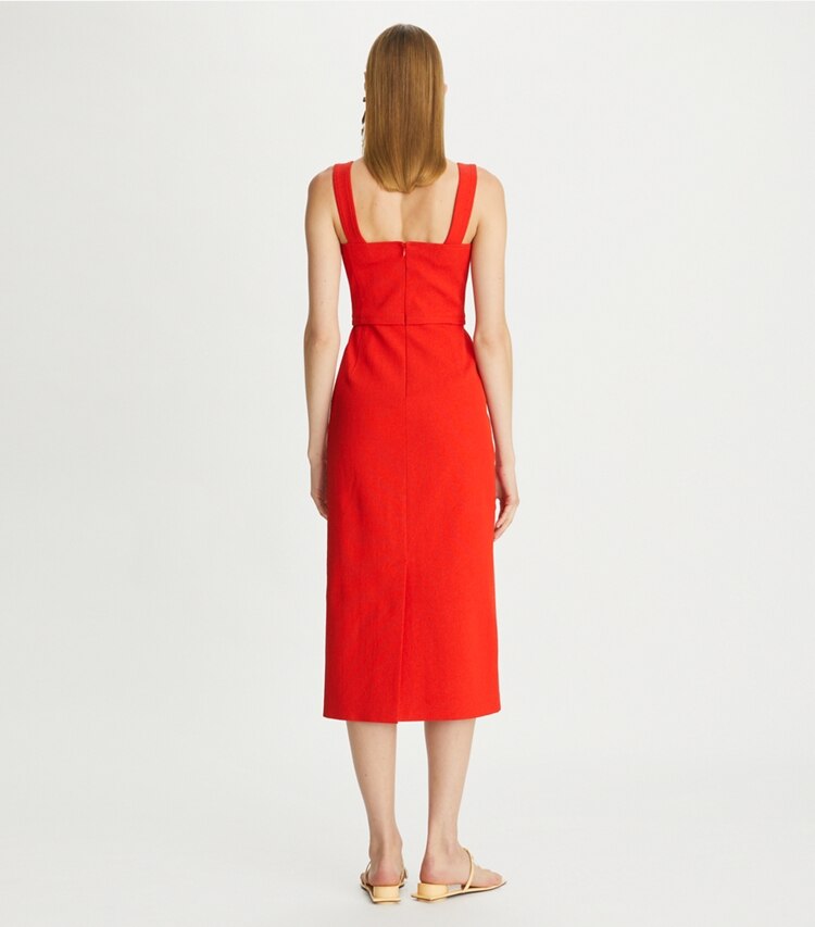 Tory Burch designer dresses Stretch Faille Dress in Goji Red on model back