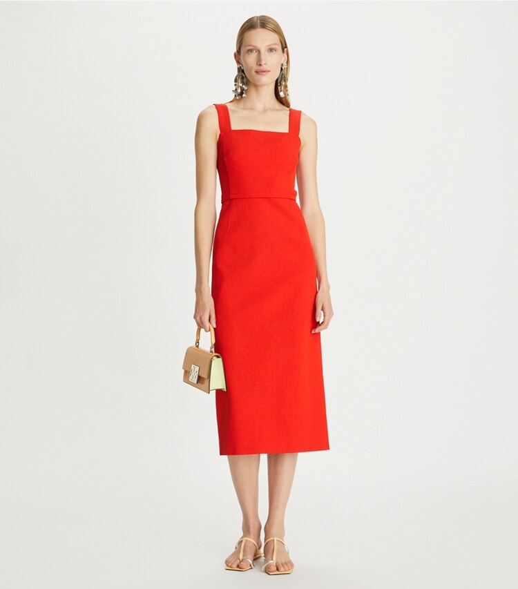 Tory Burch designer dresses Stretch Faille Dress in Goji Red on model front
