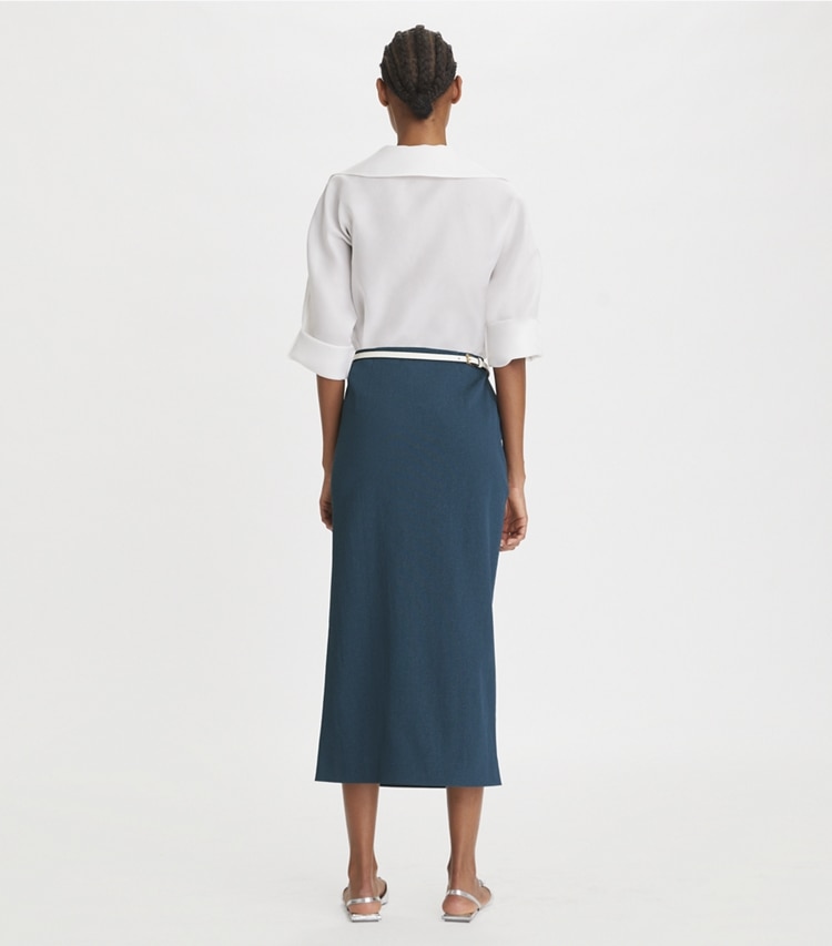 Tory Burch designer bottoms Stretch Faille Wrap Skirt in Solar Blue on model back