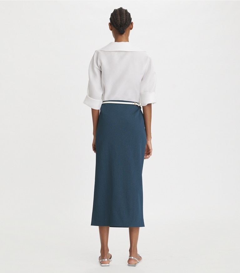 Tory Burch designer bottoms Stretch Faille Wrap Skirt in Solar Blue front