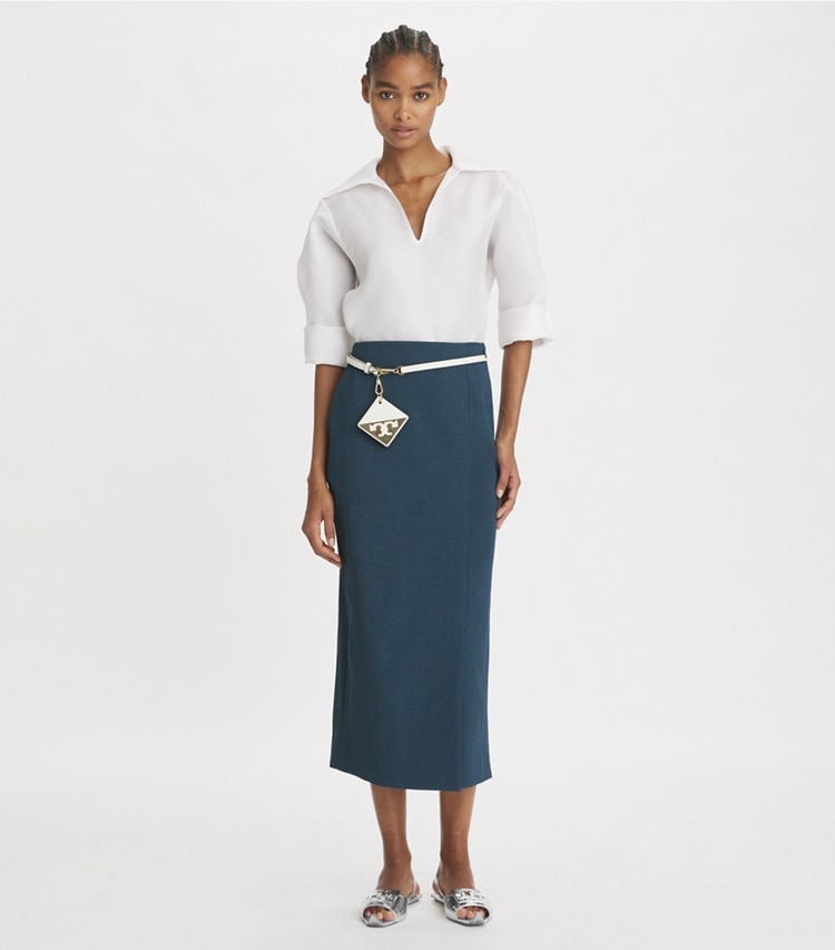 Tory Burch designer bottoms Stretch Faille Wrap Skirt in Solar Blue on model front