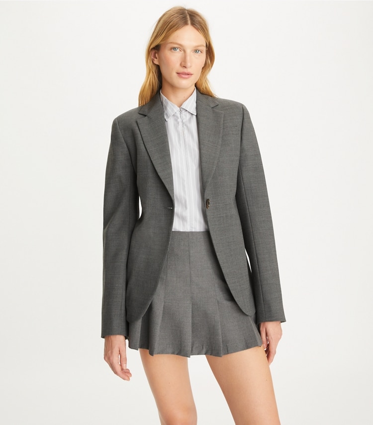 Tory Burch designer jackets Stretch Flannel Blazer in Gray Mélange on model detail