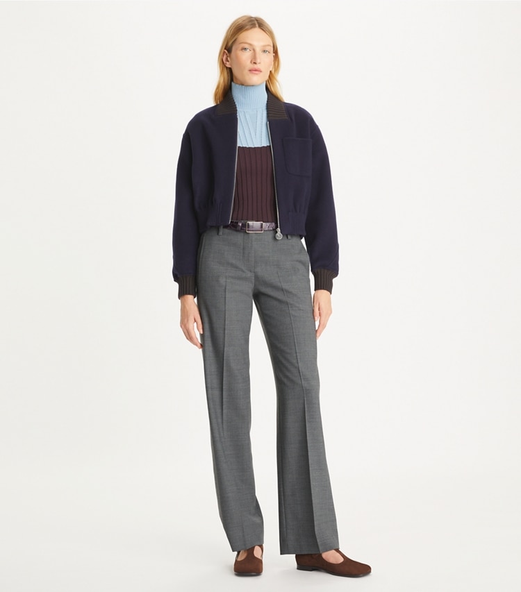 Tory Burch designer bottoms Stretch Flannel Pant in Gray Mélange on model front