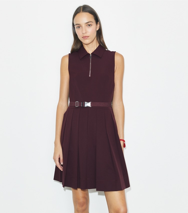 Tory Burch designer dresses Stretch Golf Dress in Dark Sangria on model detail