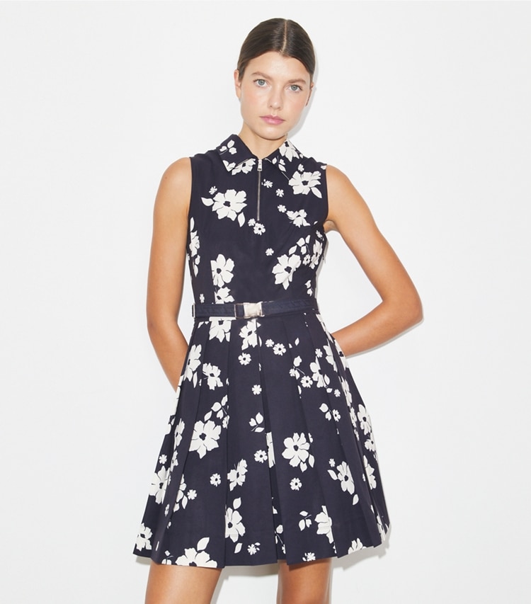 Tory Burch designer dresses Stretch Golf Dress in Medium Navy Contrast Floral on model detail
