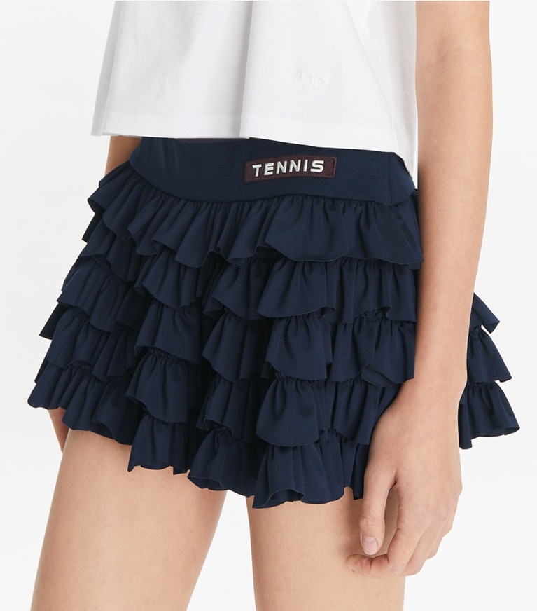 Tory Sport designer bottoms Stretch Mini Tennis Skirt in Deep Navy front